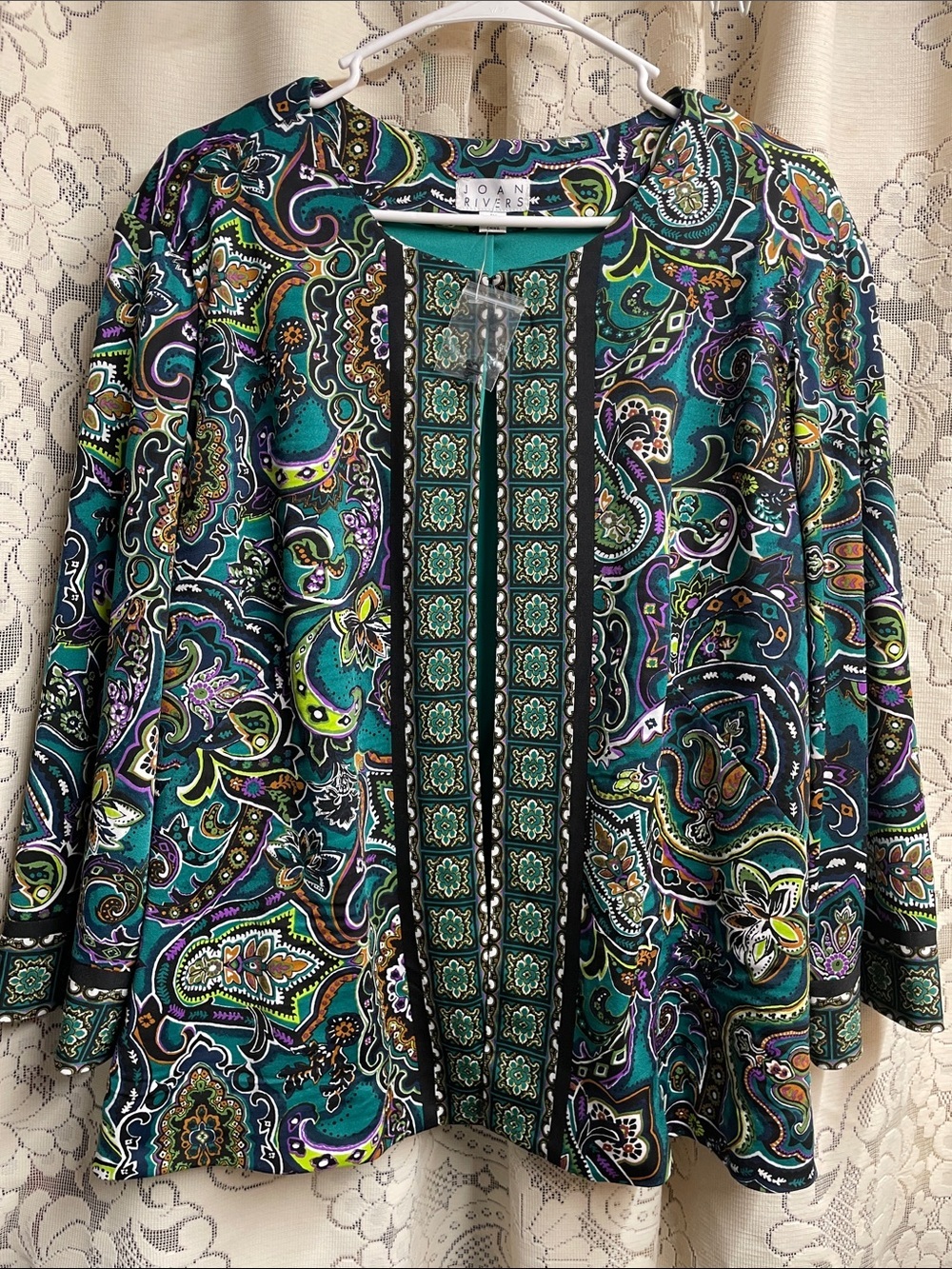 Joan Rivers Green Paisley Dress Jacket with Black Trim 1X
